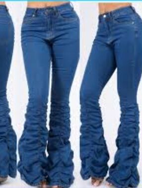 Stacked Ruched Flare Denim Jeans - Blue
